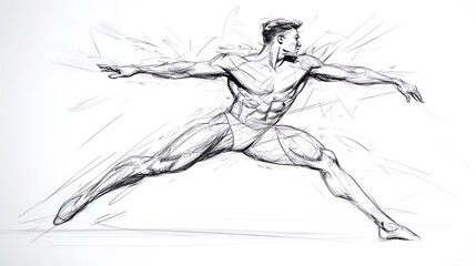Fototapeta premium Dynamic sketch of a male ballet dancer in motion, showcasing muscular physique and graceful pose.