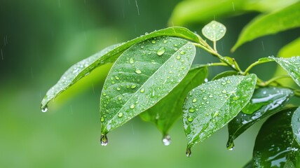 Fototapeta premium Natural transpiration concept in plants and the environment. Fresh green leaves glistening with raindrops in a natural setting.