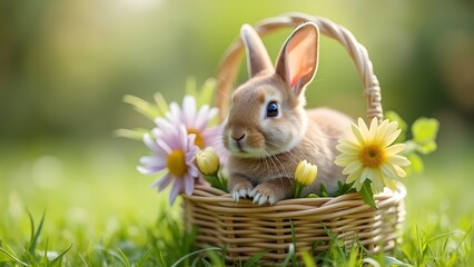 Cute Young Bunny Sitting in a Basket With Spring Flowers Outdoors