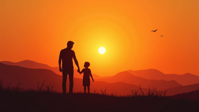 Father and son silhouette walking together in sunset, Father's Day holiday concept