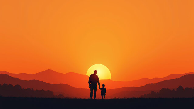 Father and son silhouette walking together in sunset, Father's Day holiday concept