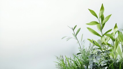 Fototapeta premium Natural transpiration concept in plants and the environment. Lush green plants against a soft, light background.