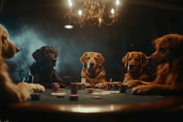 Dogs playing poker in a smoky room under a chandelier: gamblers and pets