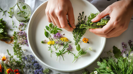 Photograph of a chef garnishing a gourmet dish with fresh herbs and edible flowers, creating a vibrant visual