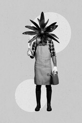 Vertical photo collage of creative absurd headless man gardener blooming flower hold scissors...