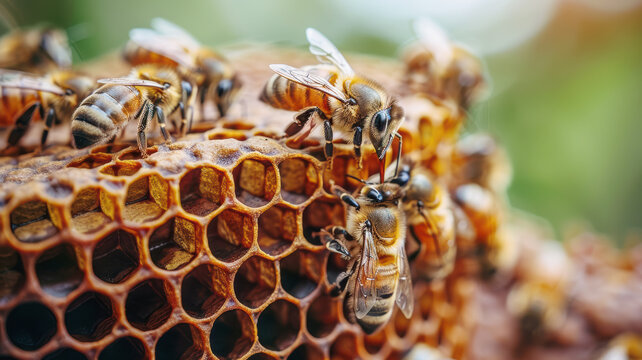 female bee Halictus sp pollinating and feeding on yellow yarrow flowers.
