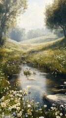 Fototapeta premium Tranquil stream flowing through a serene meadow with wildflowers on a sunny day
