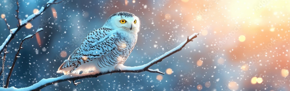 Poster snowy owl perched on a branch during a winter evening with blurred bokeh lights and a watercolor eff