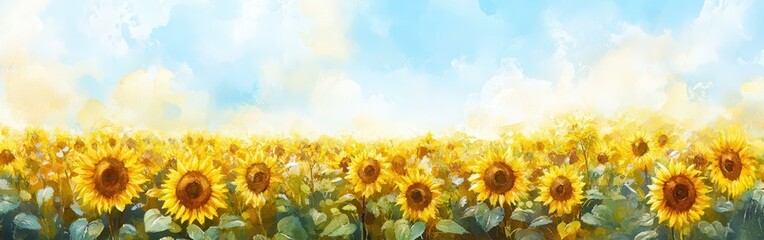 Obraz premium Bright sunflowers in a vibrant watercolor landscape under a blue sky with fluffy clouds