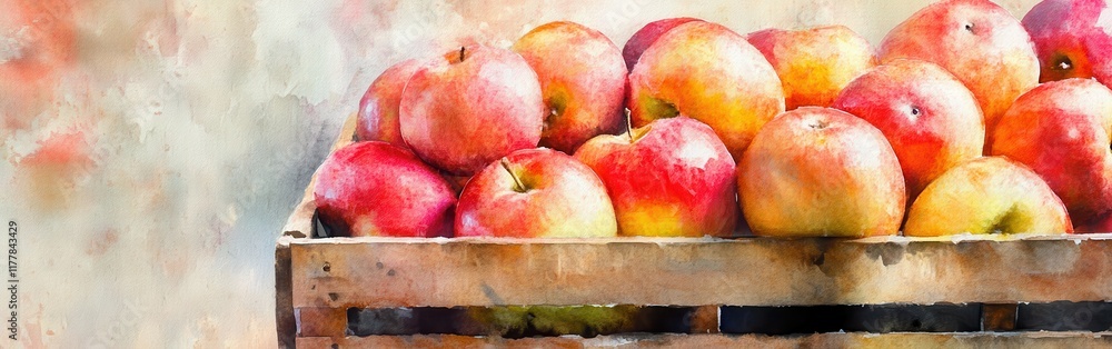 Poster close-up view of a wooden crate filled with fresh, vibrant apples on a soft watercolor background