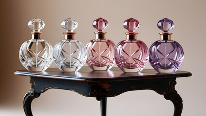 Elegant glass perfume bottles with intricate designs, arranged on a vintage wooden table, soft natural light, isolated on a neutral background, luxurious and refined presentation