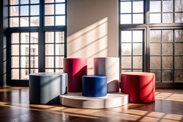 modern office interior with red chairs 3D background podiums. Studio showroom pedestal, showcase mockup stage, vector for product presentation, Abstract studio room.