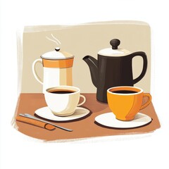 Obraz premium Coffee Pots Cups And Utensils On A Table