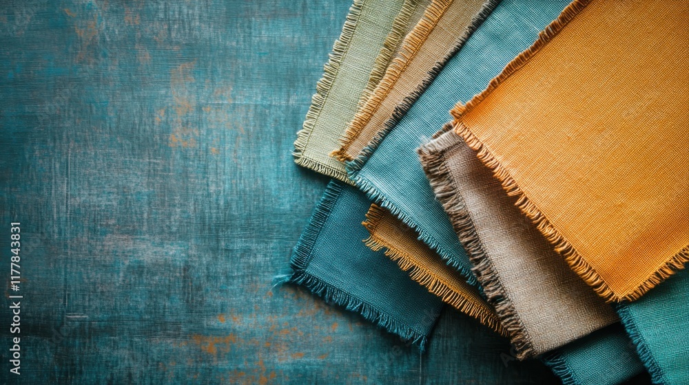 Poster colorful textile swatches arranged with soft pencil strokes gradient on a rustic background