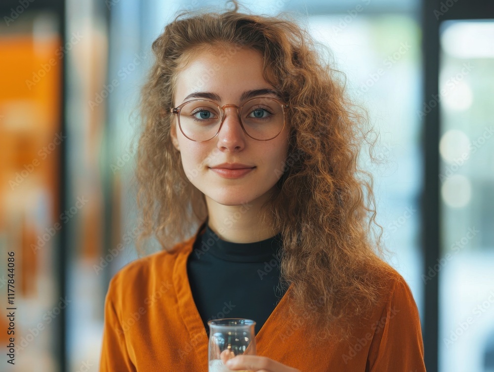 Aufkleber young scientist in modern laboratory holding a flask and looking confidently at the camera during sc