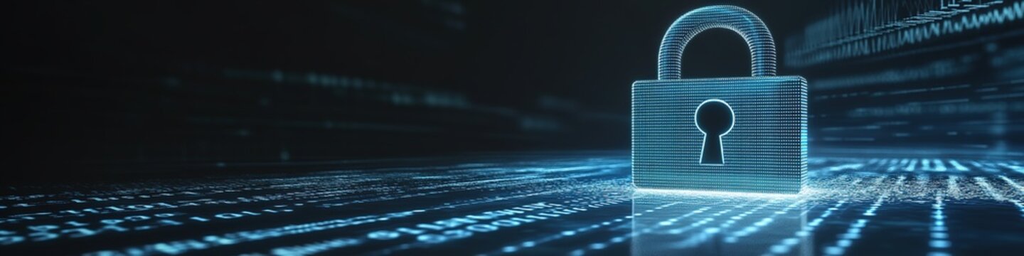 Blue digital lock signifies secure data on binary code stream