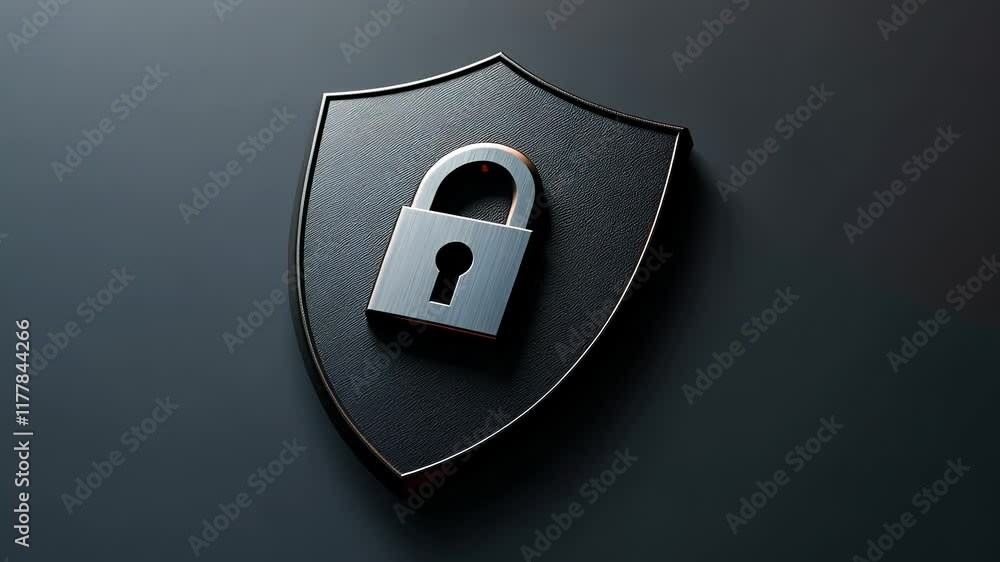Poster padlock on shield rotating slightly on dark background