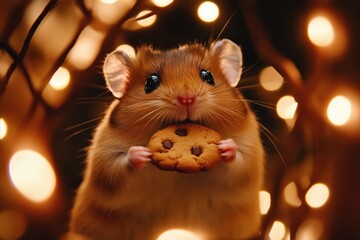 Hamster eating cookie with christmas lights in background