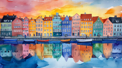 Obraz premium A dreamy sunset watercolor scene of Nyhavn, showcasing its vibrant buildings against the evening sky.