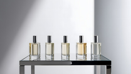 Sleek modern perfume bottles with minimalist design on glass table