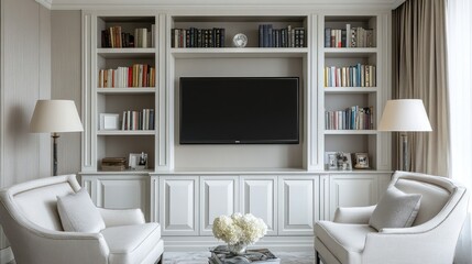 Elegant living room with built-in bookcase, TV, and armchairs.