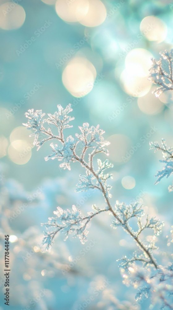 Poster frosty bokeh lights shimmer through icy white and pale teal branches creating a winter wonderland at