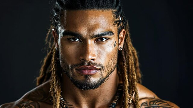 Portrait of serious Polynesian man with dreadlocks and tattoos
