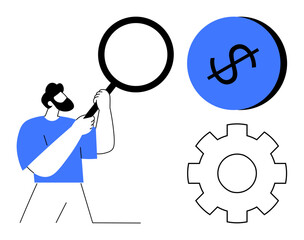Man holding magnifying glass examining dollar sign icon and gear. Ideal for financial analysis, business development, problem-solving, market research, operational management, strategic planning