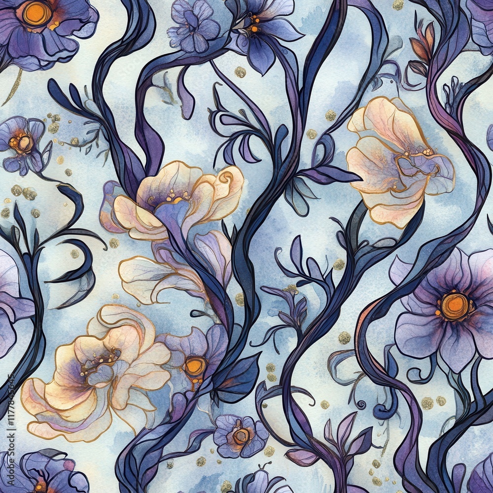 Poster intricate doodle design featuring flowing floral patterns and swirls in soft colors and fine details