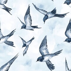 Obraz premium Intricate doodle cartoon drawing featuring various birds in flight against a serene blue sky background