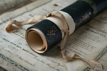 Old diploma with ribbon lying on antique documents from 18th century