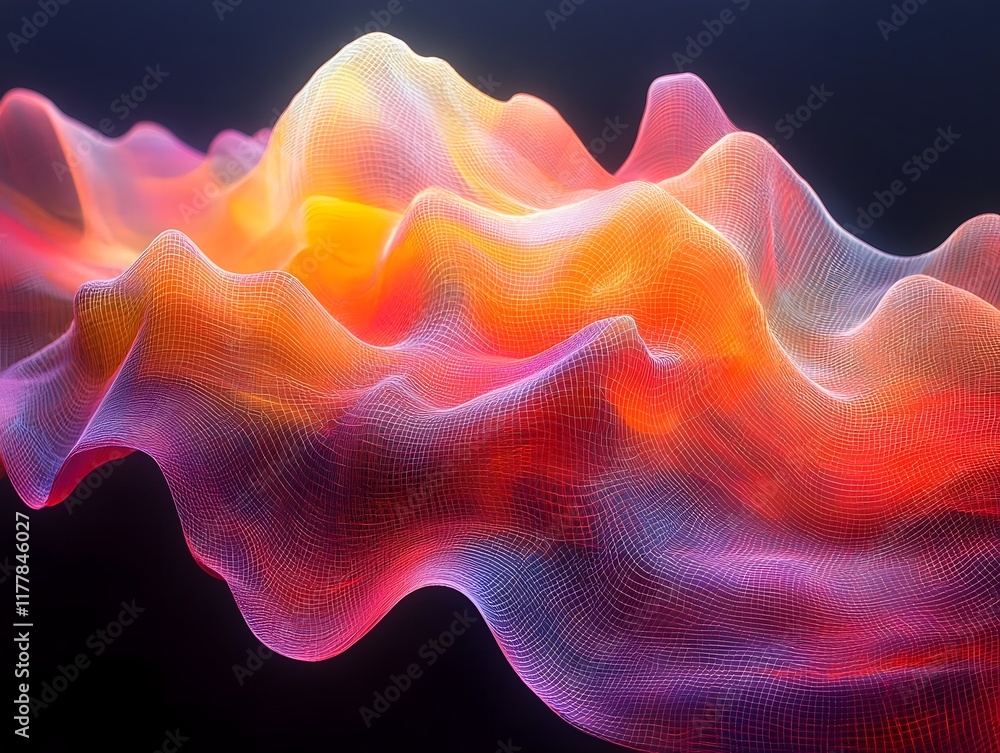 Poster mesmerizing kinetic abstract composition with pulsing neon hued sinuous lines and shapes