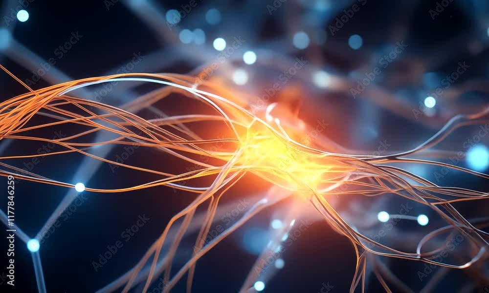 Poster glowing memory synapses and neural connections glowing in orange and blue