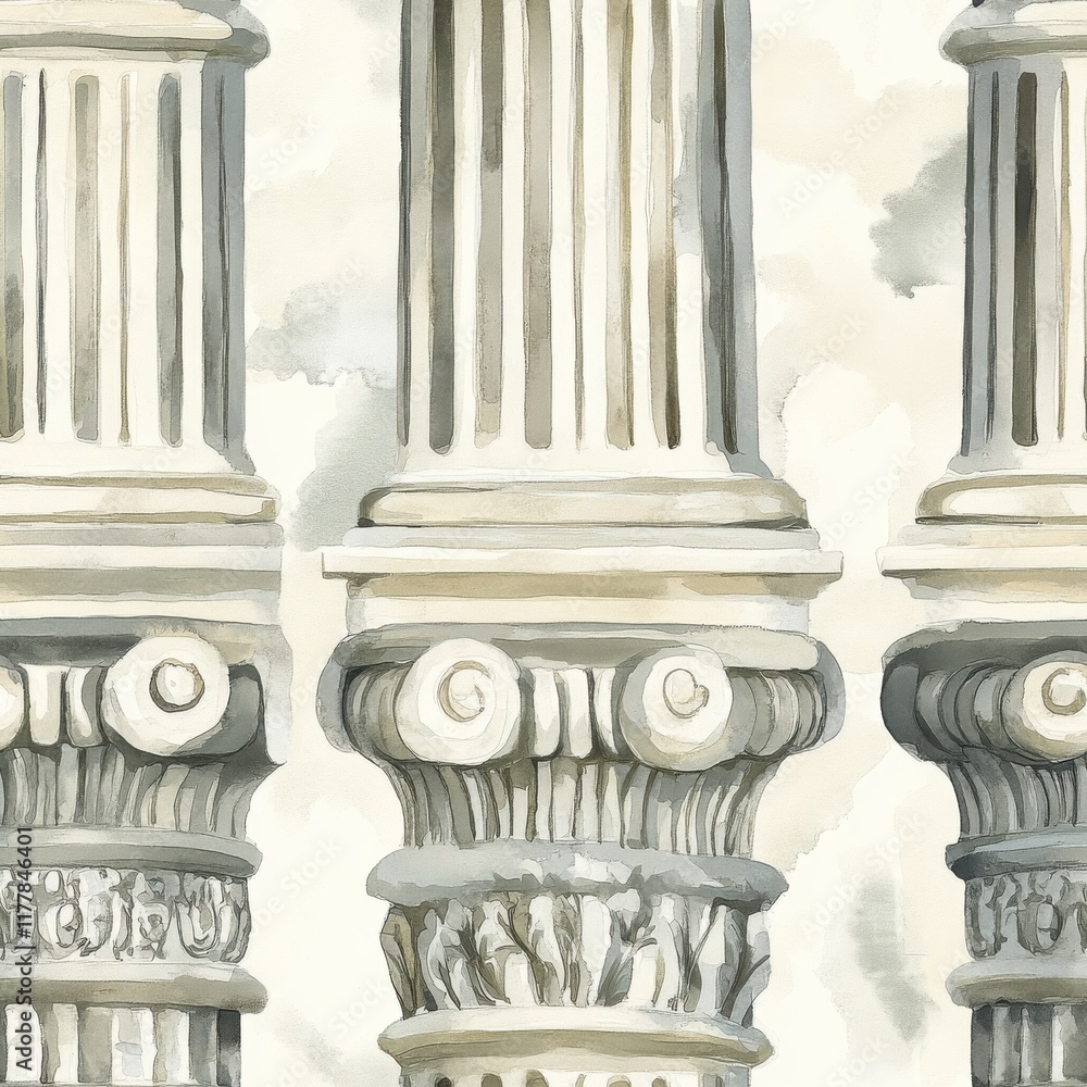 Poster Whimsical doodle of classical columns in soft watercolor style set against a dreamy background