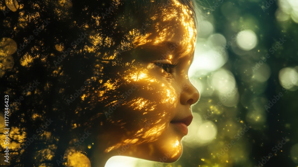Poster vibrant visualization of a child's face illuminated by sunlight in a lush forest during a warm after
