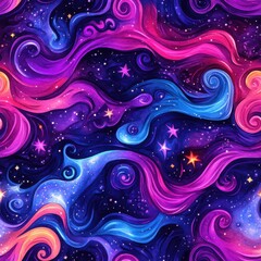 Colorful swirl patterns create a dreamy atmosphere resembling a cosmic night sky filled with stars