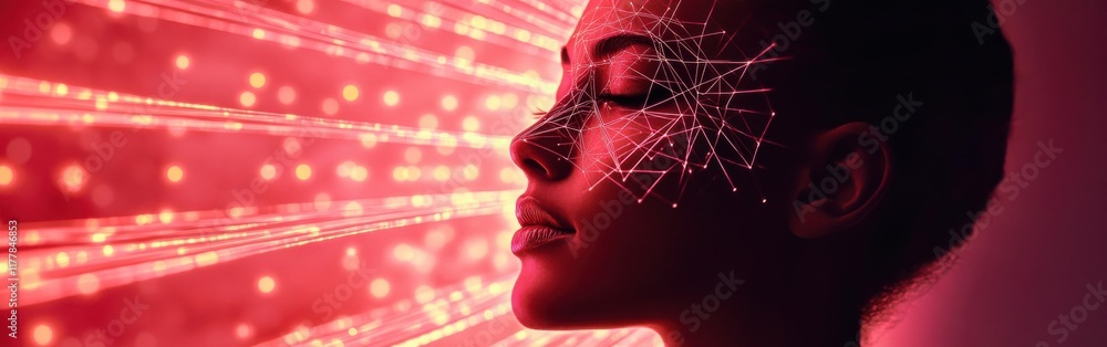 Aufkleber surreal representation of a woman's face illuminated by vibrant patterns and lights in a dreamlike a