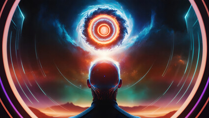 Futuristic man gazing at glowing circles in the sky