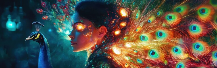 Obraz premium Surreal glowing woman with peacock accents in an enchanting dreamlike landscape at twilight