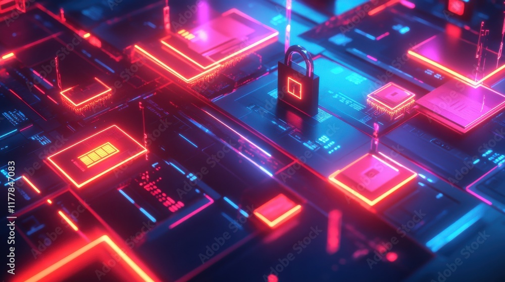 Poster dynamic financial dashboards showcasing data analytics and cyber security in a vibrant neon landscap
