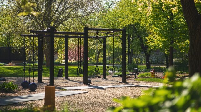Springtime outdoor gym features pull-up bars and fitness equipment surrounded by greenery