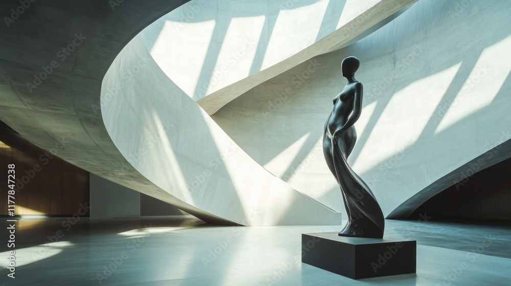 Poster elegant abstract sculpture surrounded by curved architecture and soft natural light in a modern art 