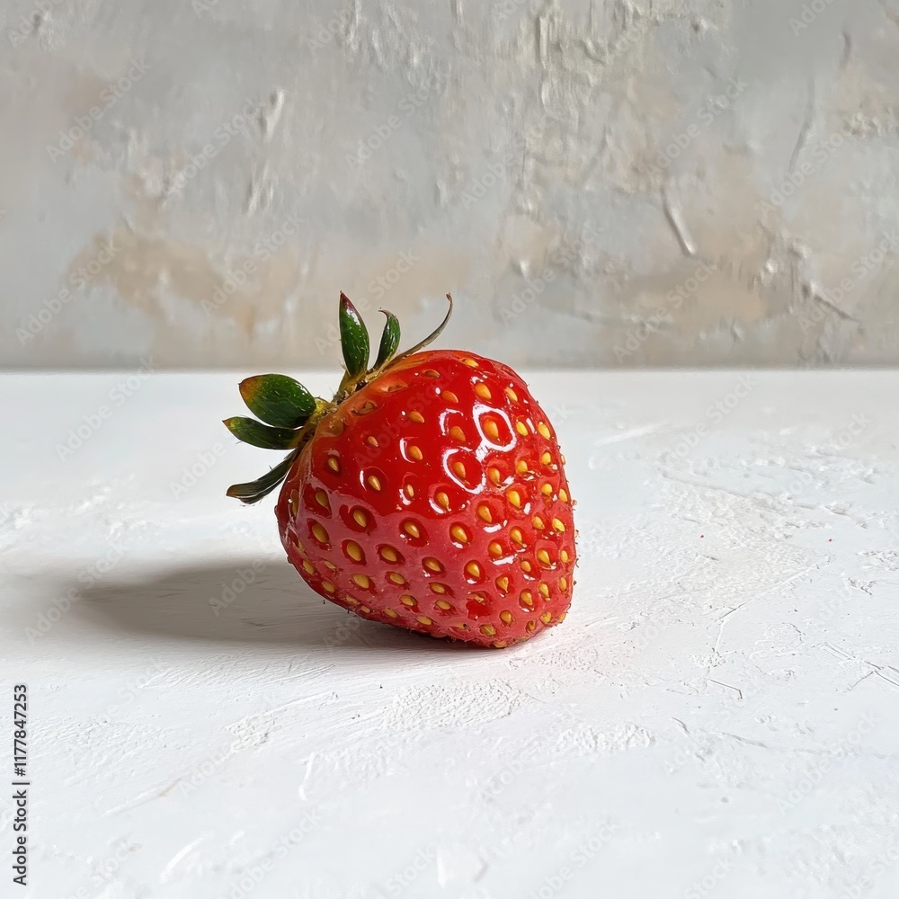 Poster ripe glossy red strawberry resting on a textured surface in a minimalist setting