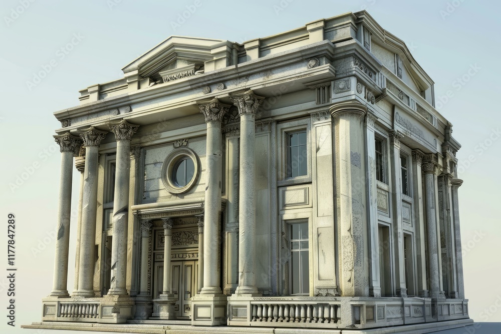 Poster stately neoclassical building with intricate details and towering corinthian columns, showcasing gra