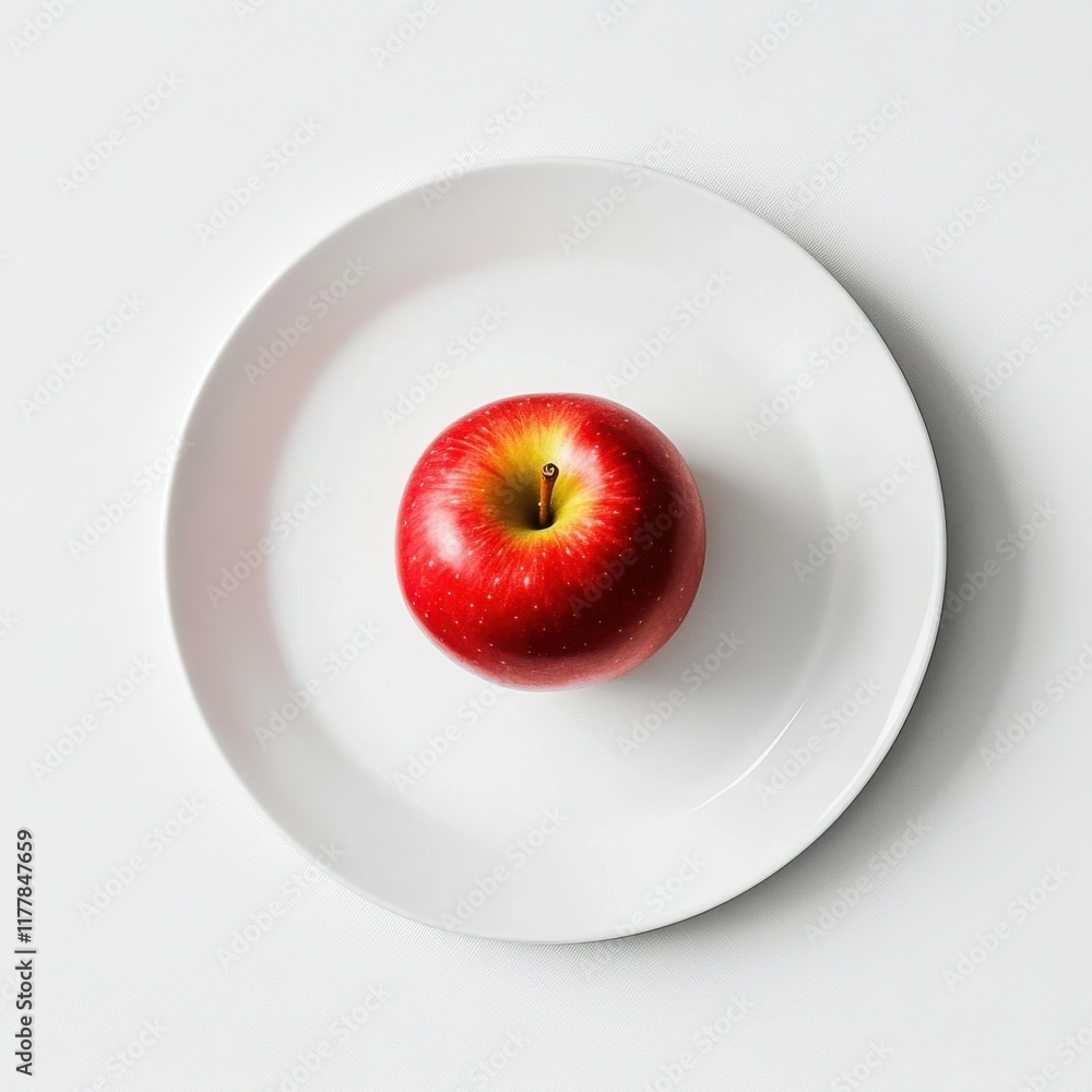Poster simple presentation of a fresh red apple on a white plate sitting on a clean surface