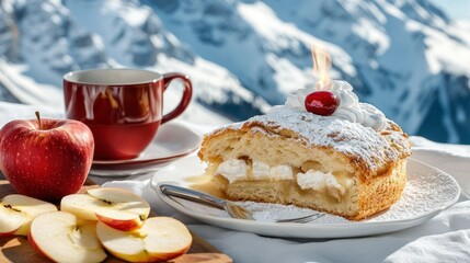 Delicious Apple Strudel Against Stunning Mountain Landscape