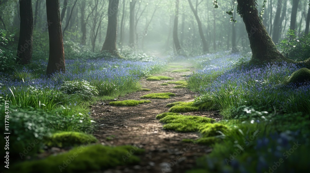 Aufkleber serene woodland path in spring with soft greenery and blooming flowers inviting peaceful walks