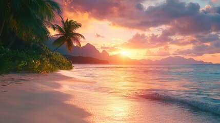 Breathtaking Sunset Over Tropical Beach in Seychelles Paradise