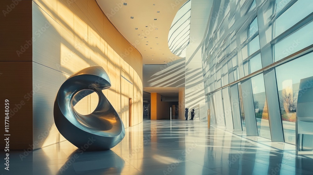 Poster contemporary art piece in modern lobby design with natural light and abstract sculpture creating dep