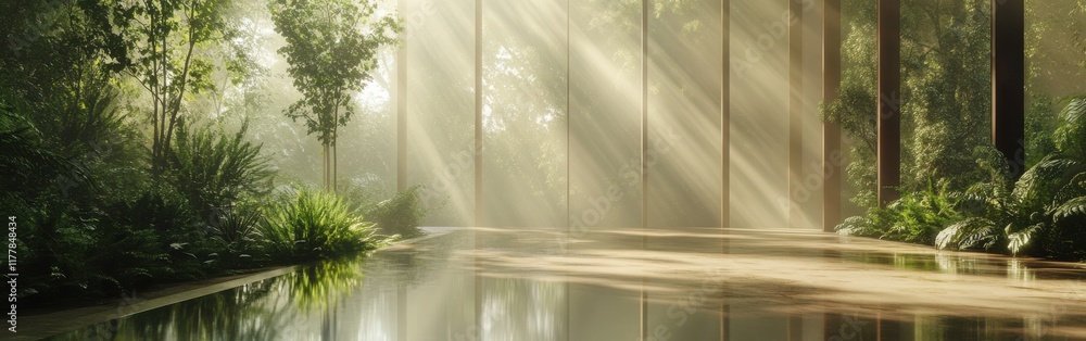 Poster Sunlight filters through trees in a tranquil green forest landscape with a reflective water surface